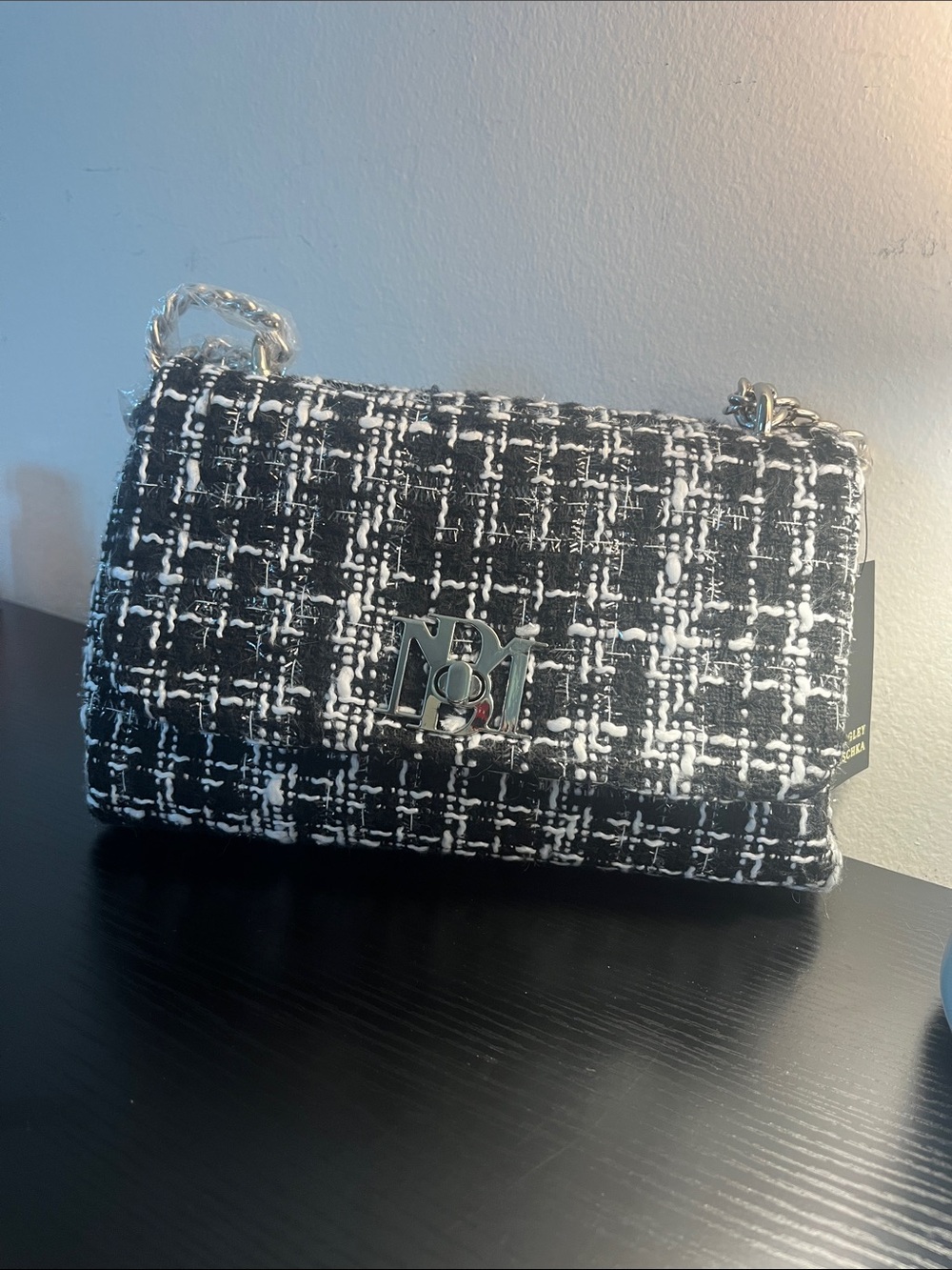 Badgley Mischka Black & White Tweed Chain Shoulder Bag,NWT